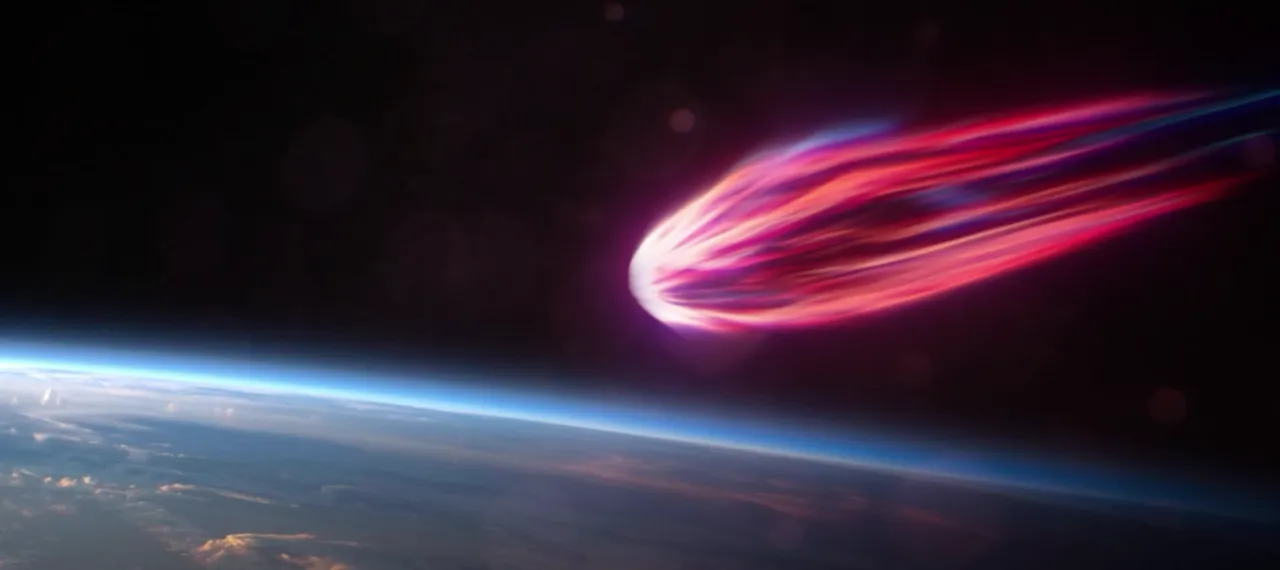 A glowing pink and red plasma trail streaking over the curve of the Earth