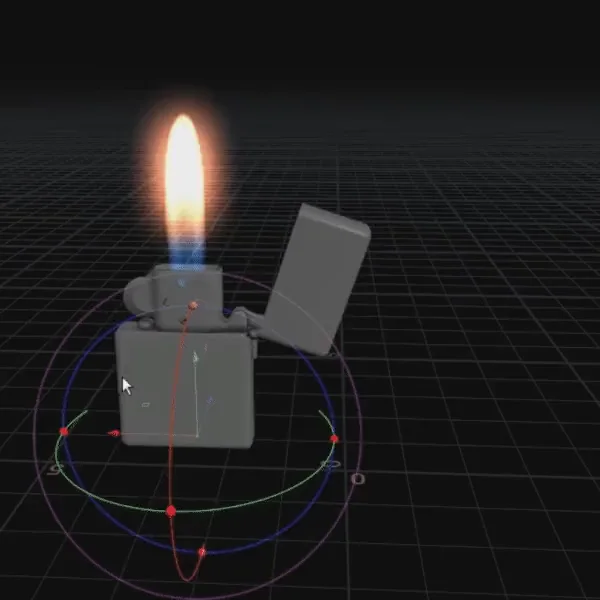 A Zippo lighter with a live flame in the Houdini viewport