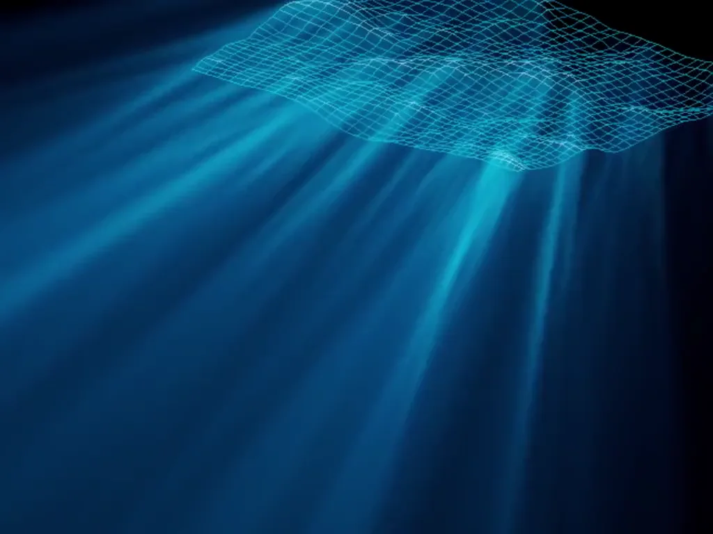 Blue underwater sun rays falling from a wireframe ocean surface