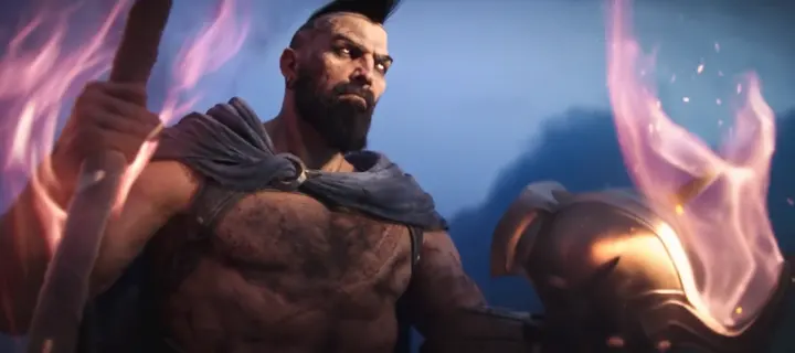 A bearded champion with his staff, pink flames rising from his golden helmet