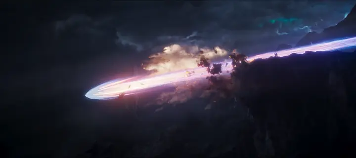 A burning meteor tip streaking over a dark cliff