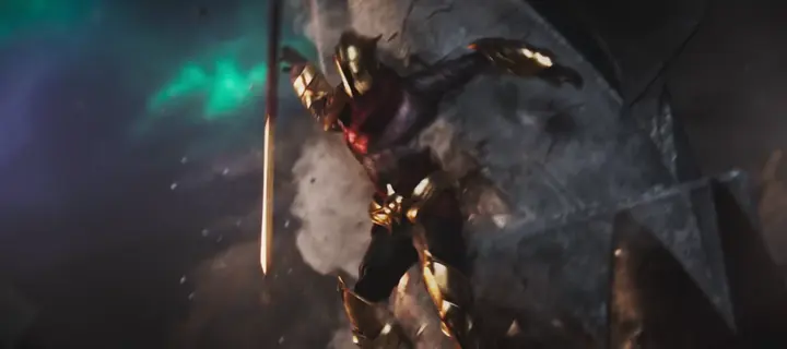 A golden warrior smashing into a stone pillar in dust and debris