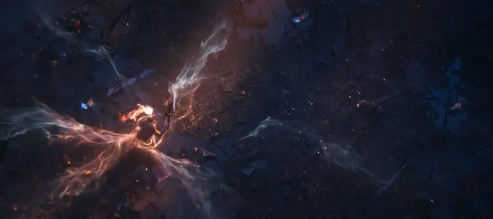 Top-down view of glowing magic souls swirling over dark ground