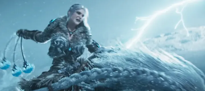 A white-haired warrior lashing icy chains, lightning behind her