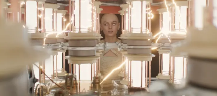 Electric arcs crackling between glowing tubes around a woman held in a machine