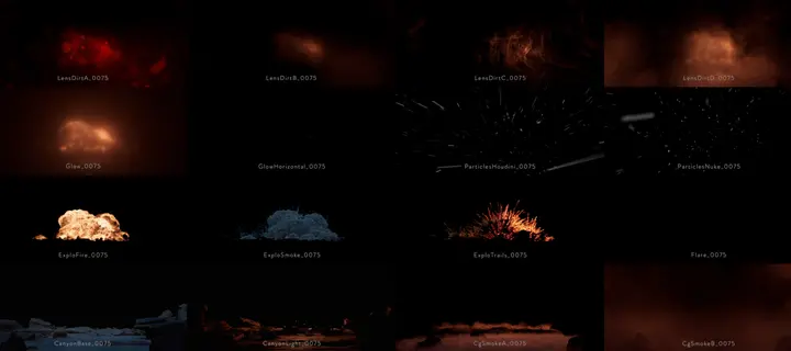 A grid of the explosion’s render passes side by side