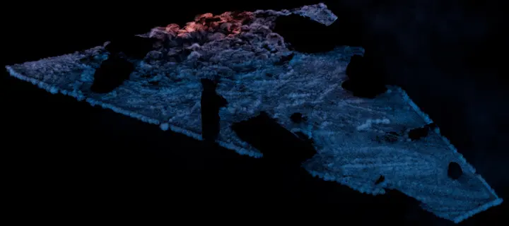 The shock-wave dust spreading over the ground, lit blue and ember, in the Houdini viewport