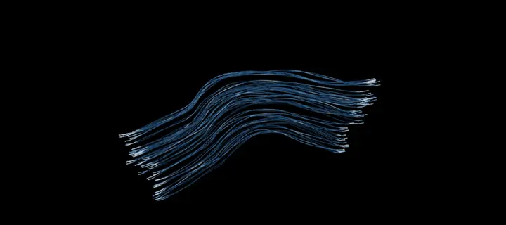 A bundle of thin blue curves with bright tips, on black